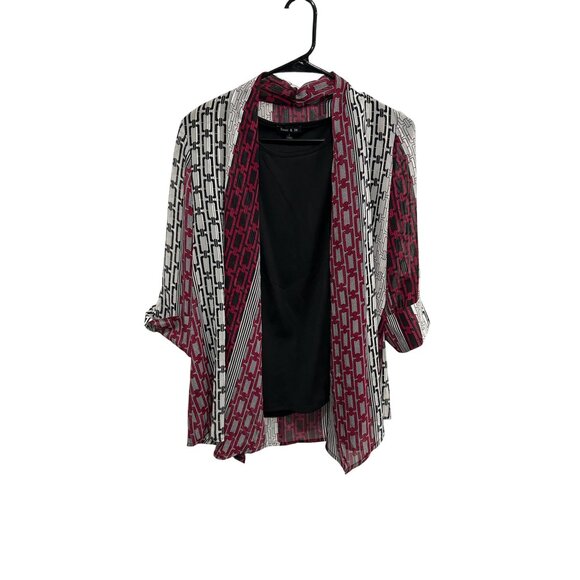 Sami & Jo Blouse Black Tank Top Attached Red White Chain Print Jacket Long Sz S - Picture 1 of 10